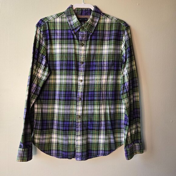 Lands End Mens Slim Fit Plaid Flannel Button-Up Shirt 16-16.5 L Green & Purple O - Picture 1 of 11